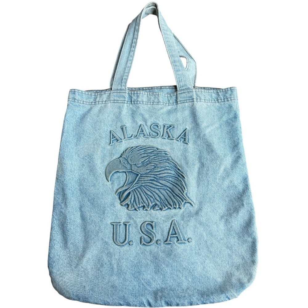 Vintage Alaska USA denim jean bucket tote bag 90s acid wash